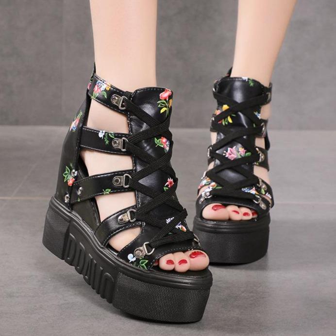 Women flower high heel peep toe lace up platform sandals