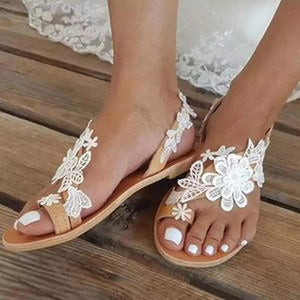 Women bridal white flower strap 
flat summer wedding sandals
