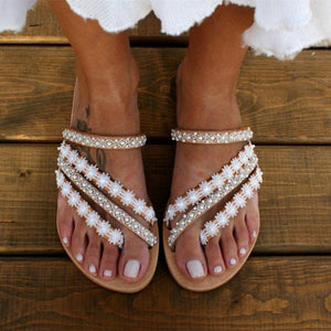Women Rhinestone White Flowers Wedding Sandals