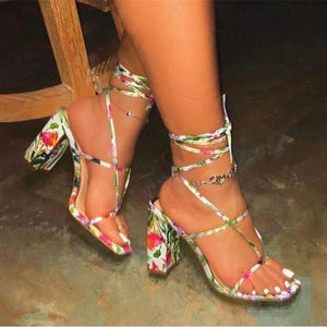 Women square open toe flower printed chunky strappy heels