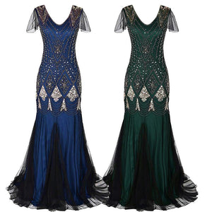 1920s Vintage sequins lace patchwork premium evening gowns bridesmaid party prom maxi dress evening gown