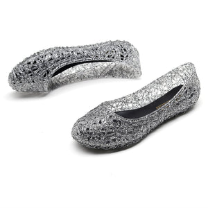 Women bling rhinestone hollow 
out summer flat jelly sandals