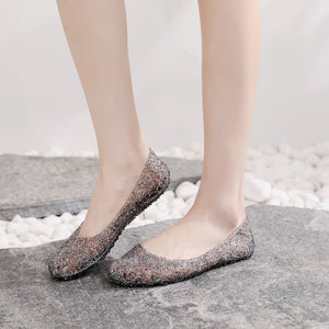 Women bling rhinestone hollow 
out summer flat jelly sandals