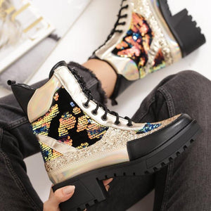 Women sequin chunky heel platform lace up hiking boots