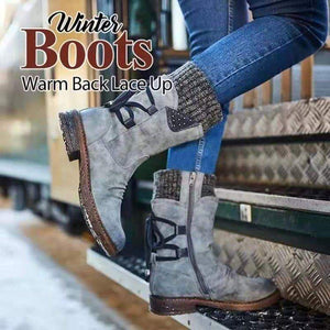 Women's sweater cuff snow boots mid calf zipper low heel back lace-up boots