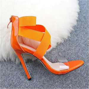 Women peep toe clear strap criss 
cross strappy stiletto heeled sandals