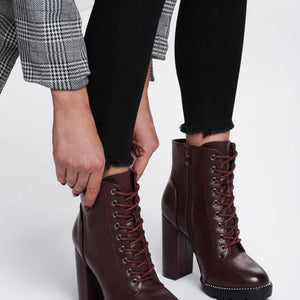 Women chunky high heel England style short lace up boots