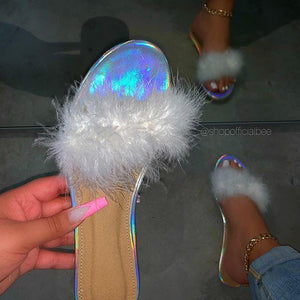 Women furry white strap flat 
slide sandals