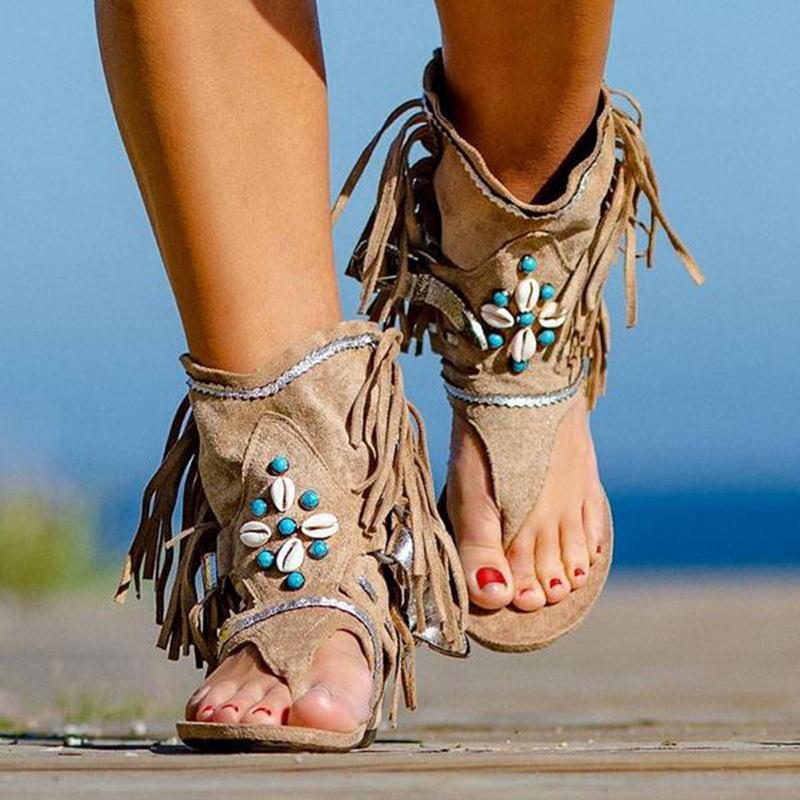 Women fringe beaded summer 
holiday boho flat beach sandals