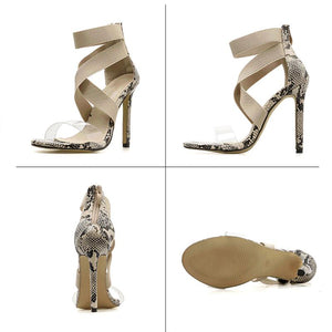 Women peep toe clear strap criss 
cross strappy stiletto heeled sandals