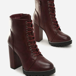 Women chunky high heel England style short lace up boots