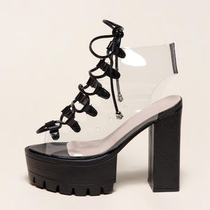 Women chunky heel platform slingback lace up clear heels