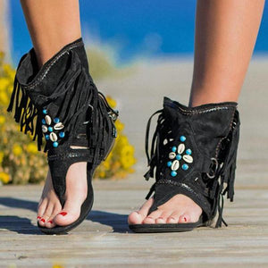 Women fringe beaded summer 
holiday boho flat beach sandals