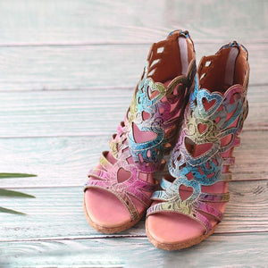 Women vintage hollow flower peep toe back zipper chunky heeled boots