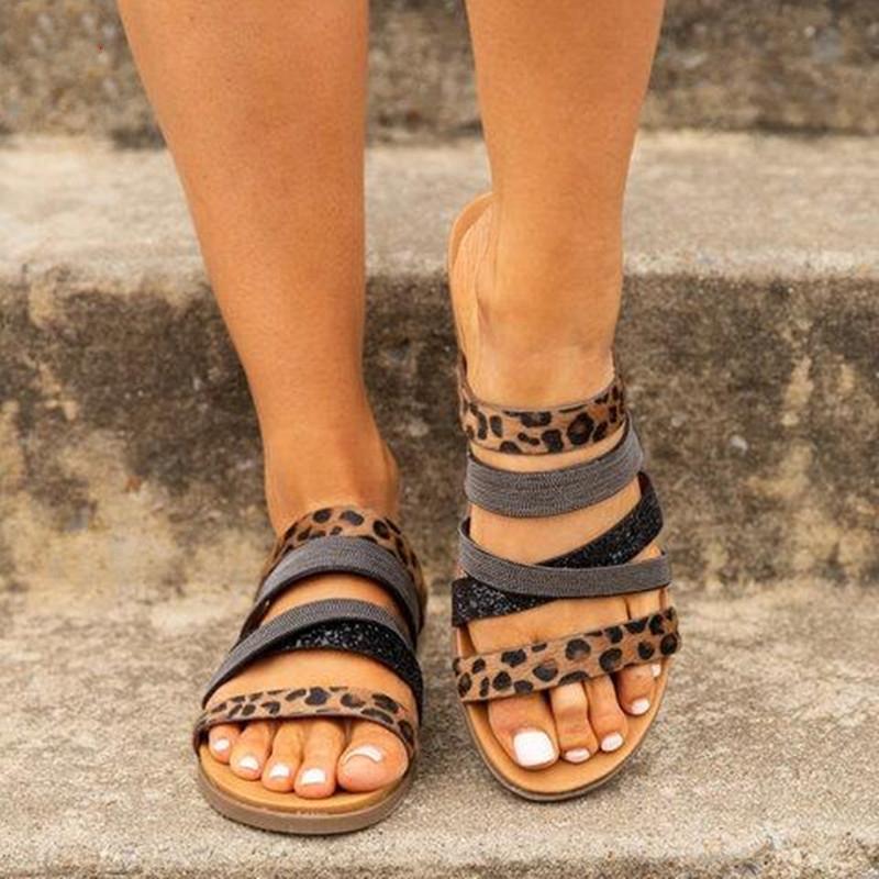 Women leopard strap summer 
flat slide sandals