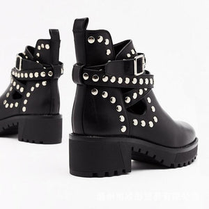 Women's black studded ankle boots chunky platform steampunk booties