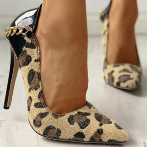Women pointed to chain stiletto heels | fashion sexy heels | snakeskin leopard high heels