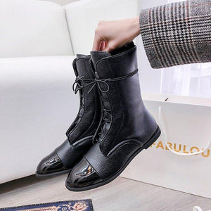 Women black lace up flat heel mid calf boots