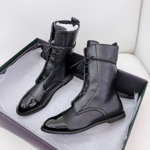Women black lace up flat heel mid calf boots