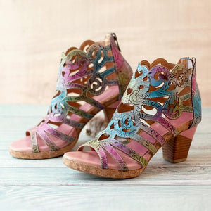 Women vintage hollow flower peep toe back zipper chunky heeled boots