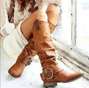 Women's retro knee high cowboy boots buckle strap chunky low heel boots