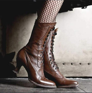 Women chunky heel pointed toe England style lace up mid calf boots