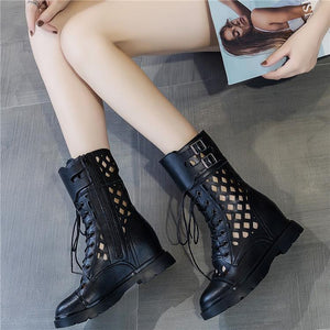 Women mid calf zipper hollow lace up chunky platform boots