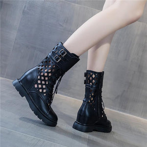 Women mid calf zipper hollow lace up chunky platform boots