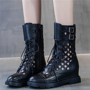 Women mid calf zipper hollow lace up chunky platform boots