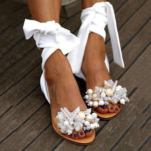 Women's boho ankle cloth tie up flat peep toe sandals