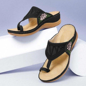 Women flower embroidery ring toe wedge heel flip flops