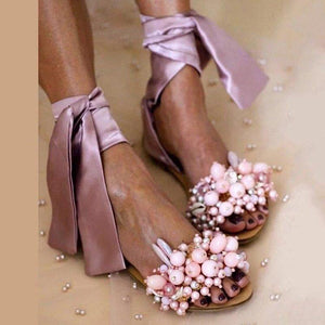 Women's boho ankle cloth tie up flat peep toe sandals