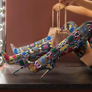 Women snakeskin stiletto high heel pointed toe thigh high boots