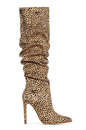 Women knee high pointed toe stiletto side zipper leopard print boots