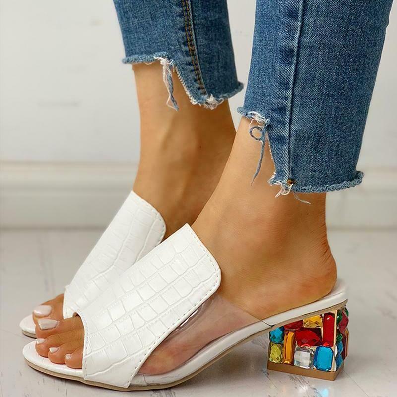 Women colorful peep toe summer chunky heel rhinestone slide sandals