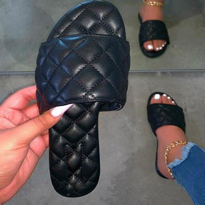 Women black grid summer flat 
slide sandals