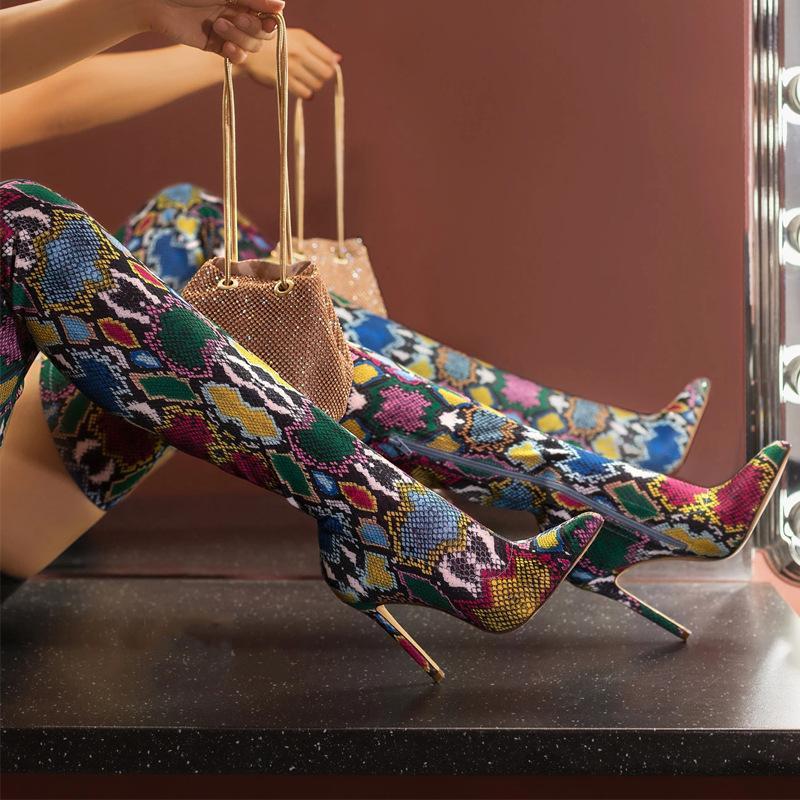 Women snakeskin stiletto high heel pointed toe thigh high boots