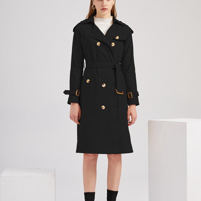 Women double breasted waist belt long sleeve trench coat