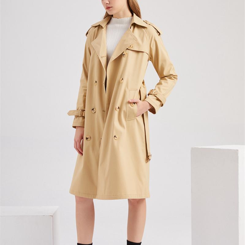 Women double breasted waist belt long sleeve trench coat