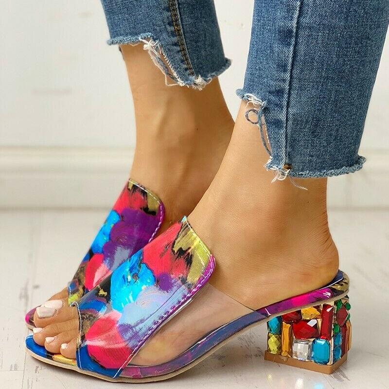 Women colorful peep toe summer chunky heel rhinestone slide sandals