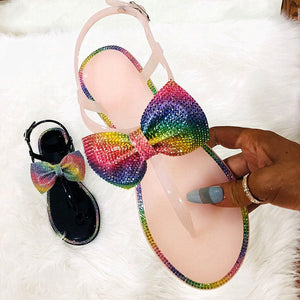 Women rainbow sparkly flat 
ankle strap bow sandals