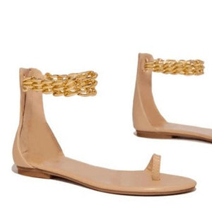 Women flat gold chain decor ankle strap back zipper summer sandals