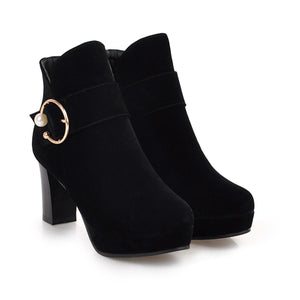 Women round toe buckle strap platform chunky high heeled booties