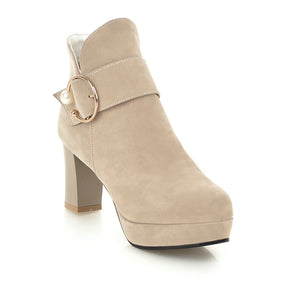 Women round toe buckle strap platform chunky high heeled booties