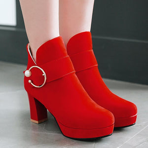 Women round toe buckle strap platform chunky high heeled booties