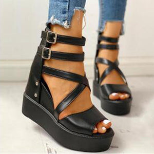 Women roman peep toe chunky 
platform strappy buckle strap sandals