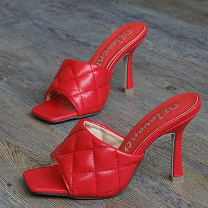 Women peep toe grid strap square toe slide heeled mules