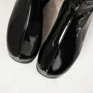 Women solid color block heel platform PU patent leather mid calf boots