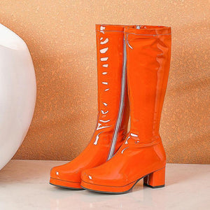 Women solid color block heel platform PU patent leather mid calf boots