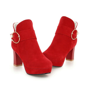 Women round toe buckle strap platform chunky high heeled booties